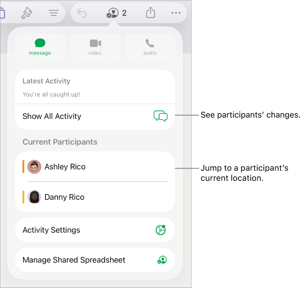 The collaboration menu with current participants listed.
