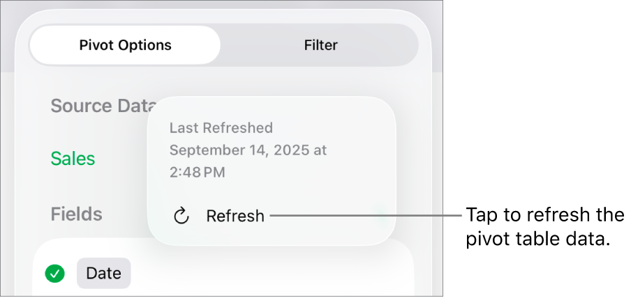 The Pivot Options menu showing the option to refresh the pivot table.