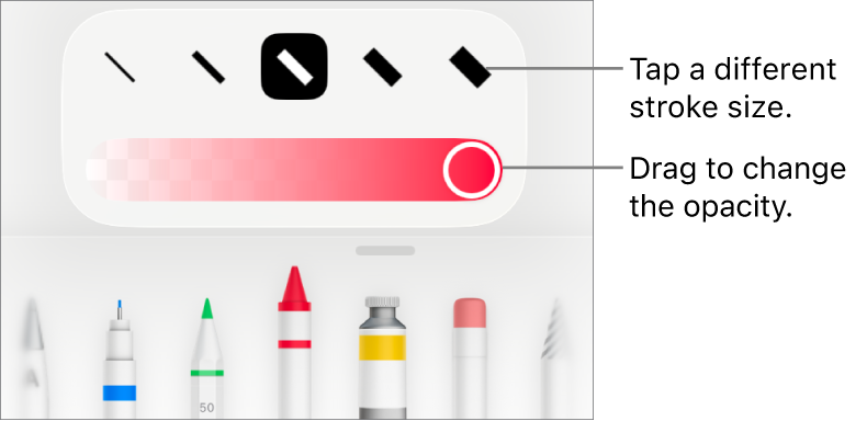 Controls for choosing a stroke size and a slider for adjusting the opacity.