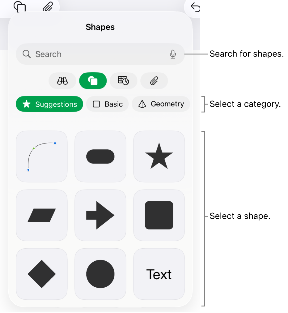 The shapes library, with categories at the top and shapes displayed below. You can use the search field at the top to find shapes and swipe to see more.