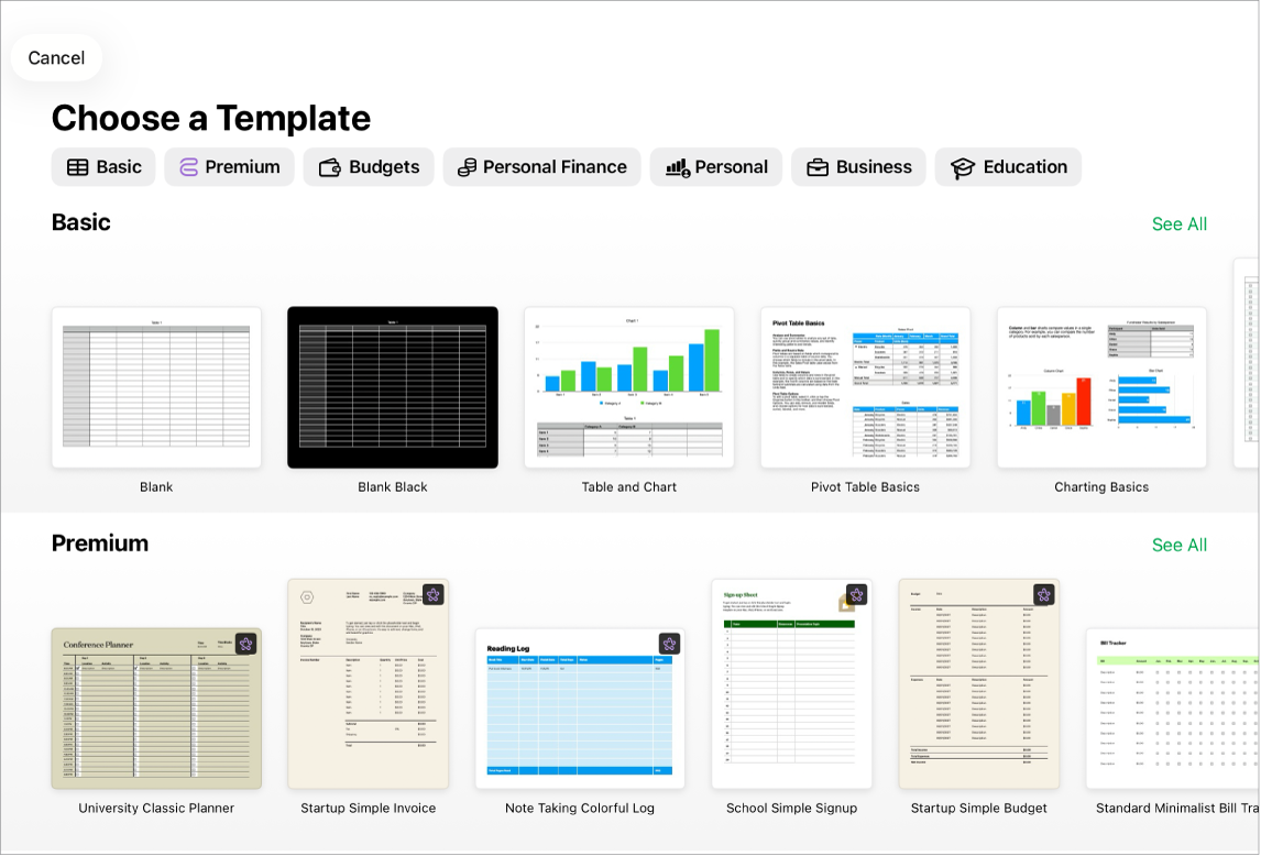 The template chooser, showing a row of categories across the top that you can tap to filter the options. Below are thumbnails of predesigned templates arranged in rows by category, starting with Basic at the top and followed by Personal Finance, Personal, Business and Education. A See All button appears above and to the right of each category row. The Cancel button is in the top-left corner.