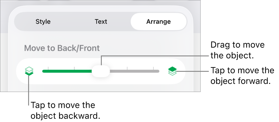 The Move Backward button, the Move Forward button, and the layering slider.