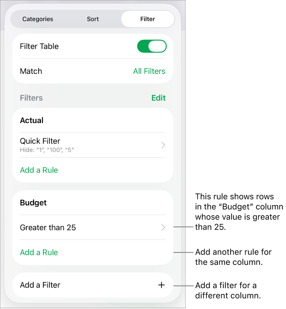 Controls for adding new filtering rules or editing existing ones.