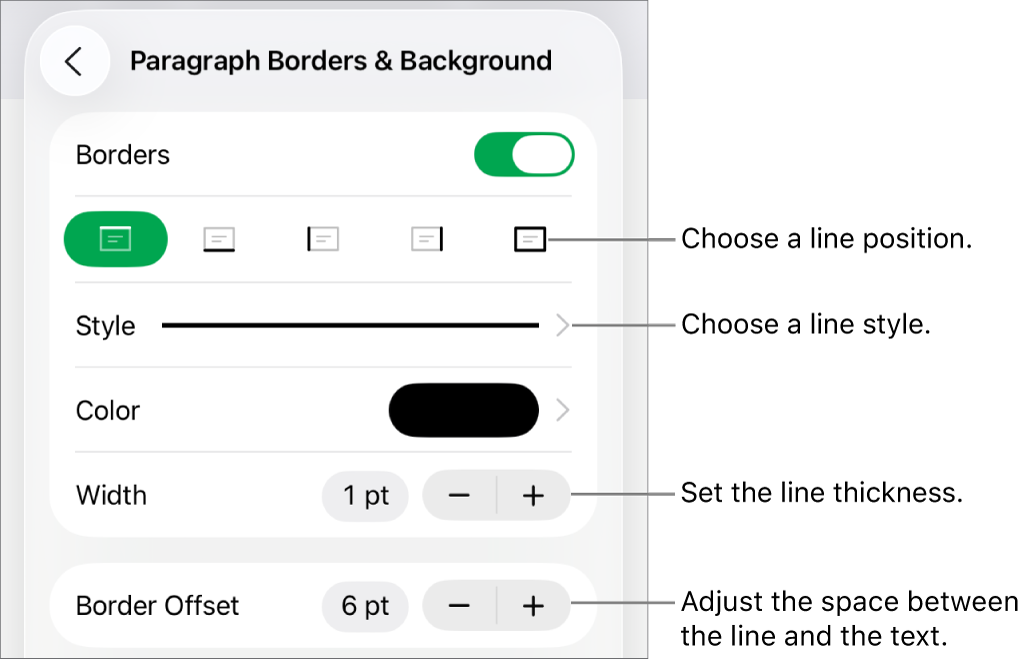 Controls to change the line style, thickness, position, and color.