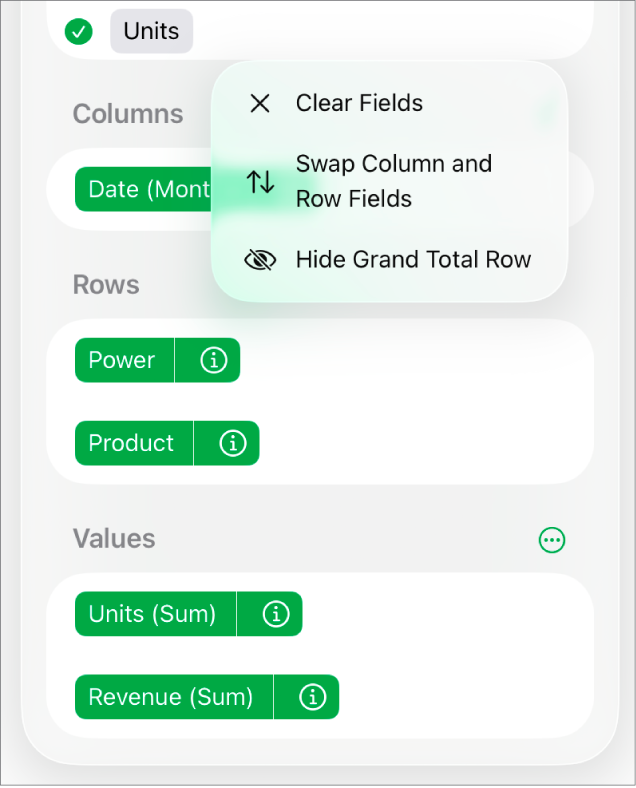 The More Field Options menu, showing the controls to hide grand totals, swap column and row fields, and clear fields.