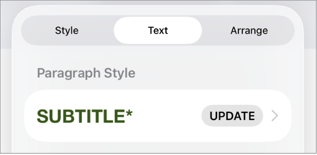 A paragraph style with an asterisk next to it and an Update button on the right.