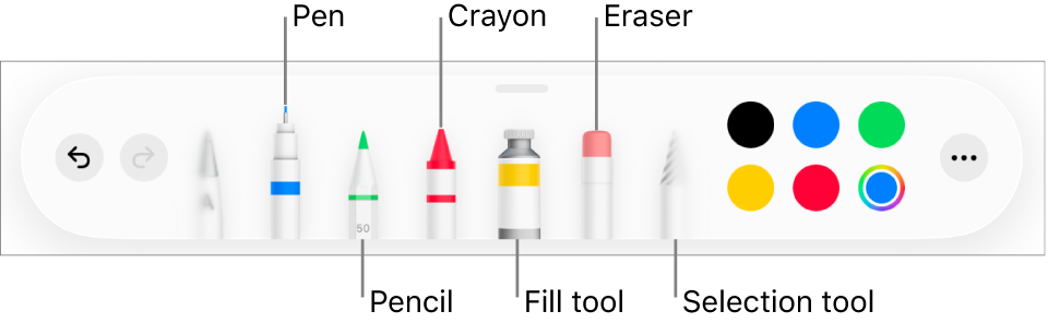The drawing toolbar with a pen, pencil, crayon, fill tool, eraser, selection tool, and color well showing the current color. On the far right is the More menu button