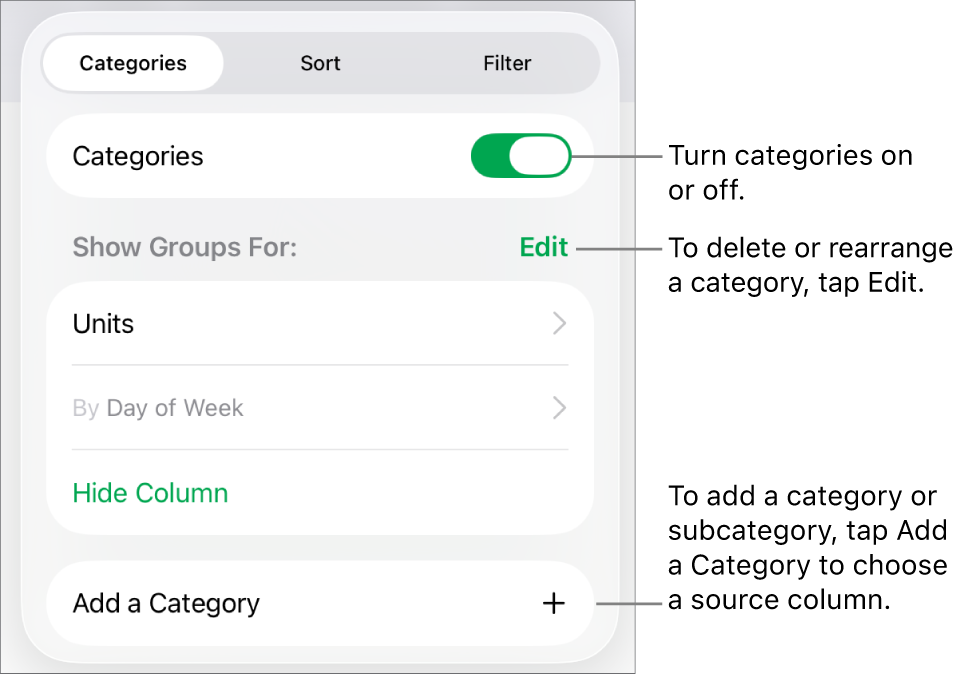 The Categories menu for iPad with options for turning categories off, deleting categories, regrouping data, hiding a source column, and adding categories.