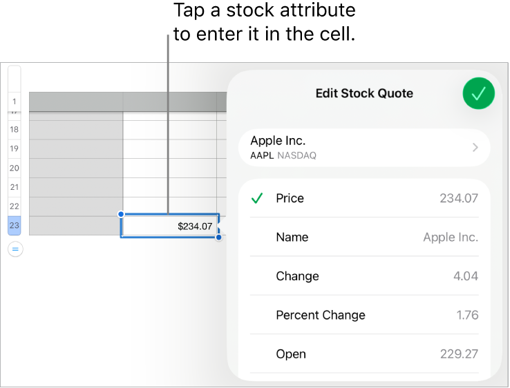 The stock quote popover, with the stock name at the top, and selectable stock attributes including price, name, change, percent change, open, and high listed below.