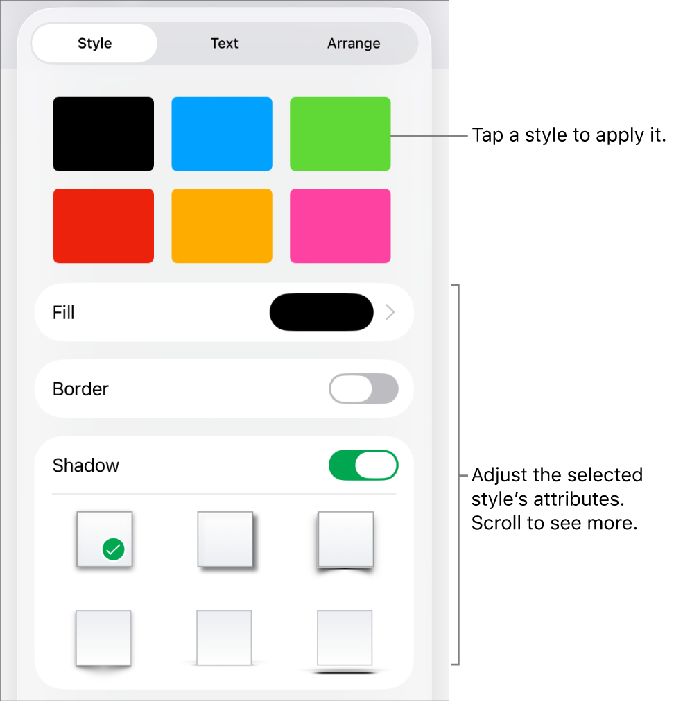 The Style tab of the Format menu, with object styles at the top and controls below them to change the fill, border, and shadow.