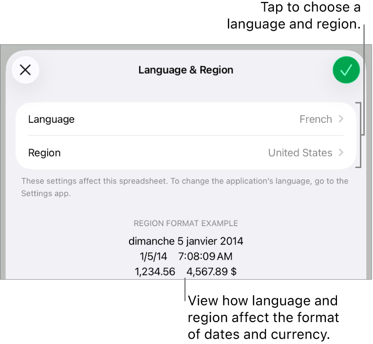 Language and Region pane with controls for language and region, and a format example including date, time, decimal, and currency.