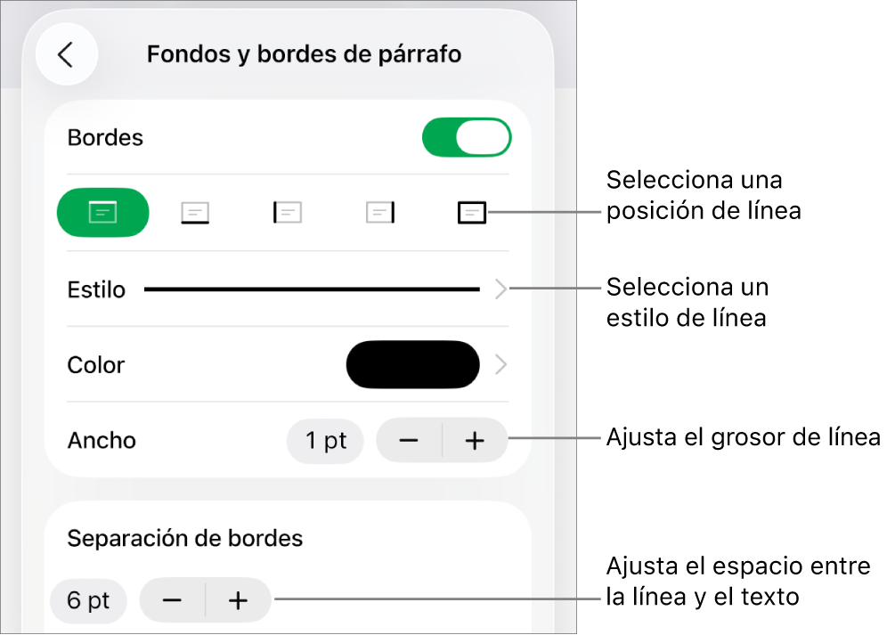 Controles para cambiar el estilo de línea, grosor, posición y color.