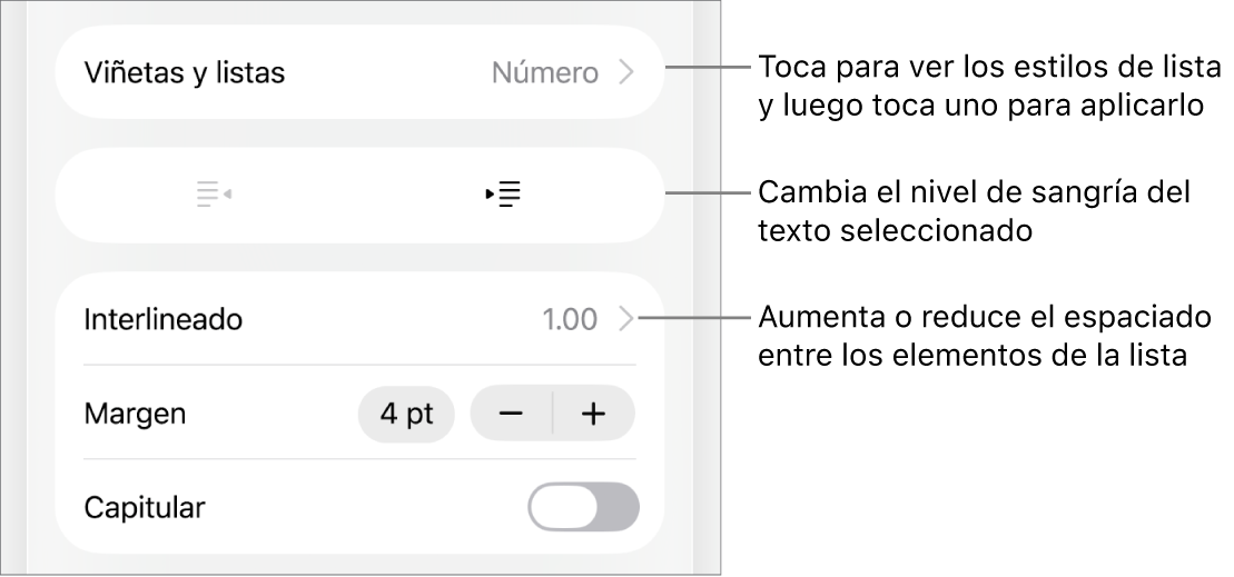 La sección Viñetas y listas de los controles de formato con texto que señala la sección Viñetas y listas, los botones de las sangría derecha o izquierda y controles de interlineado.