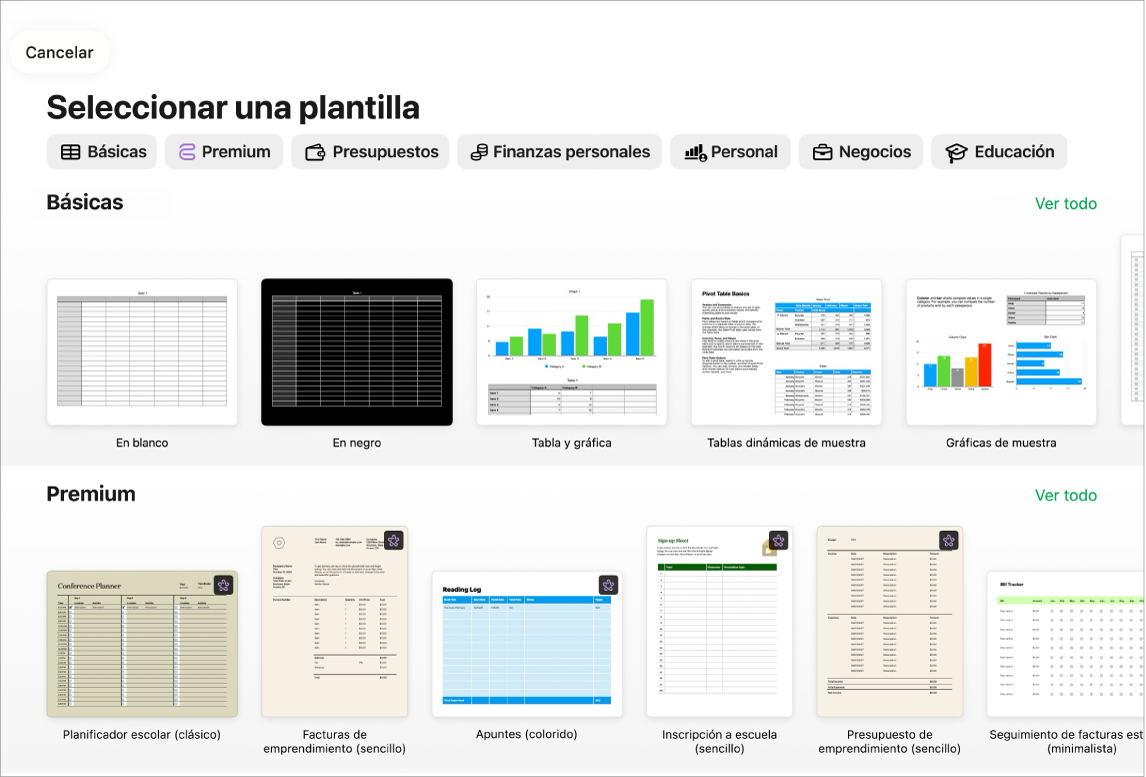 El selector de plantilla muestra una fila de categorías a lo largo de la parte superior en las que puedes tocar para filtrar las opciones. En la parte inferior, organizadas en filas por categoría, aparecen miniaturas de las plantillas prediseñadas, comenzando con la categoría Básicas en la parte superior, seguida por las categorías Finanzas personales, Negocios y Personal. En la parte superior derecha de cada fila de categoría aparece un botón Ver todo. El botón Cancelar se encuentra en la esquina superior derecha.
