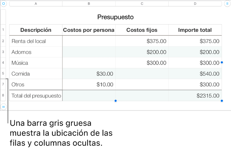 Una barra gris gruesa que muestra la ubicación de las filas y columnas ocultas.