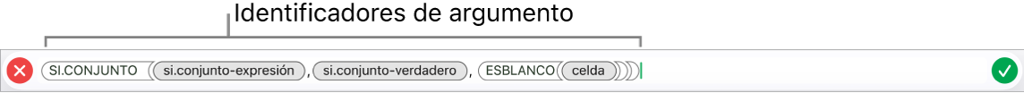 El editor de fórmulas con una función e identificadores de argumentos.