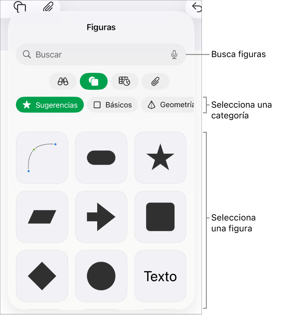 La biblioteca de figuras, con las categorías en la parte superior y las figuras mostradas abajo. Puedes usar el campo de búsqueda de la parte superior para buscar figuras y deslizar para ver más.