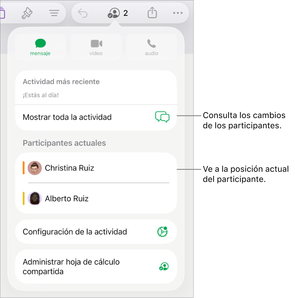 El menú de colaboración con los participantes actuales que aparecen ahí.