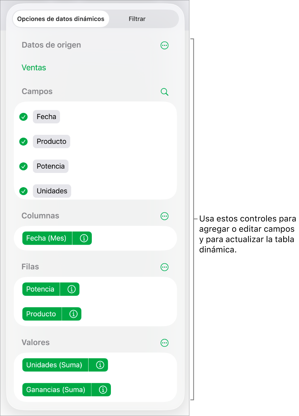 El menú Opciones de datos dinámicos mostrando los campos de las secciones Columnas, Filas y Valores, así como los controles para editar los campos.