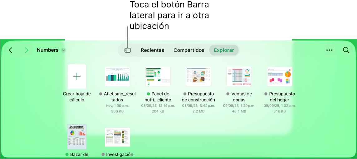 La vista de exploración del administrador de documentos con un enlace de ubicación en la esquina superior izquierda y debajo de ella, un campo de búsqueda. En la esquina superior derecha se encuentra el botón Agregar hoja de cálculo; el botón Nueva carpeta; un menú desplegable para usar la vista por lista o ícono, y para filtrar por nombre, fecha, tamaño, tipo y etiqueta; así como el botón Seleccionar. Debajo hay miniaturas de las hojas de cálculo existentes.