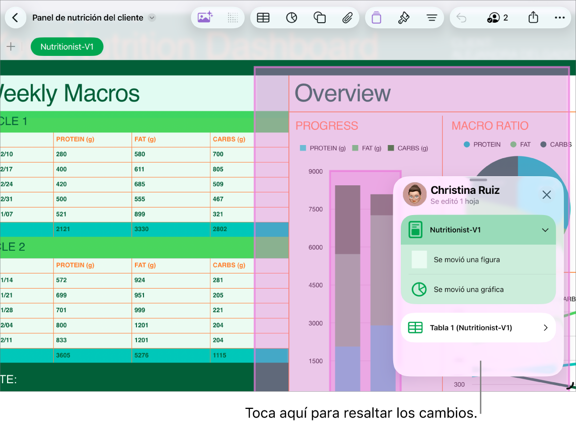 Una hoja de cálculo colaborativa con la lista de actividad abierta.