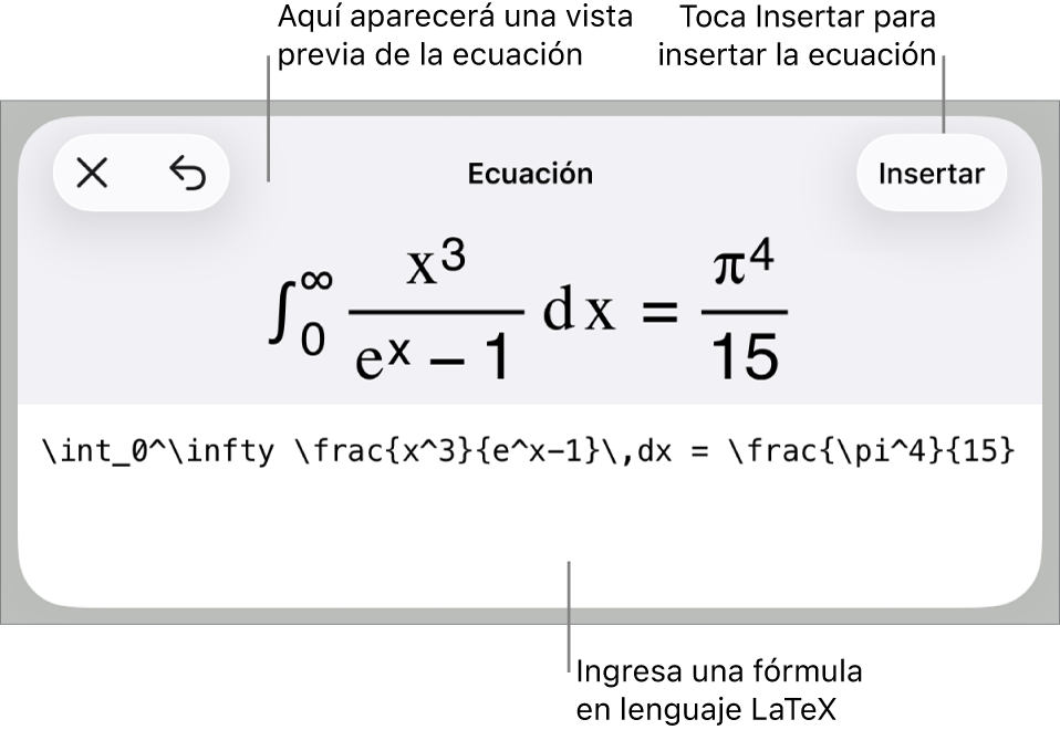 El cuadro de diálogo Ecuación con una ecuación escrita con comandos de LaTeX y una vista previa de la fórmula encima.