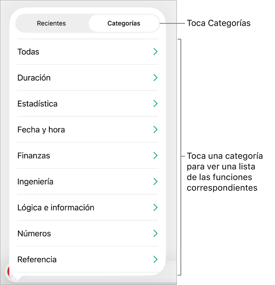 El explorador de funciones con el botón Categorías seleccionado y la lista de categorías debajo.