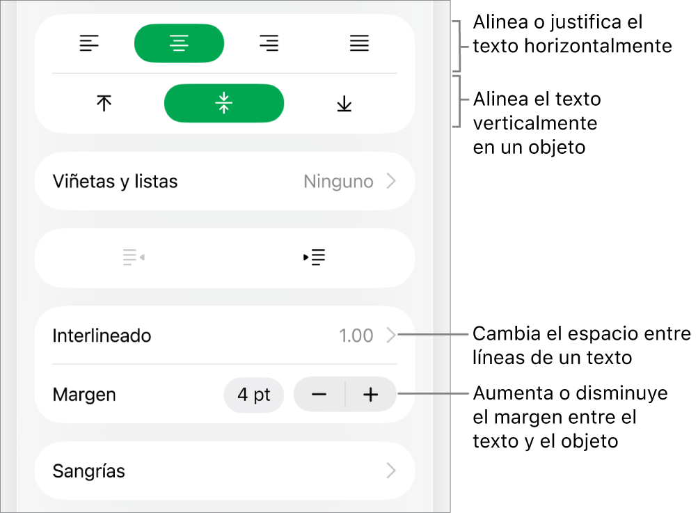 Sección Disposición del inspector de formato con llamadas a los botones de alineación de texto y espaciado.