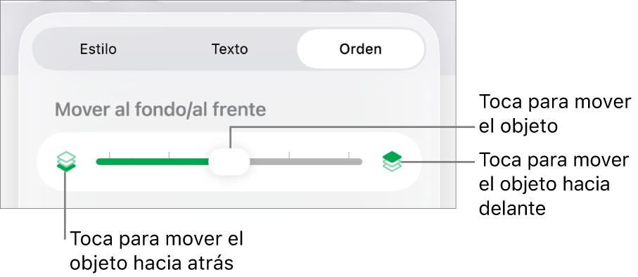 Botón Mover hacia atrás, botón Mover hacia delante y regulador de capa.
