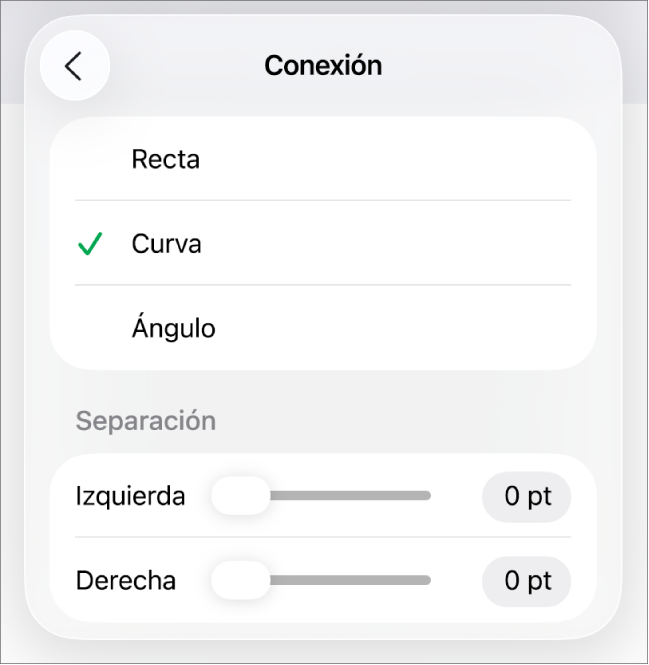 Los controles de Conexión con la opción Curva seleccionada.