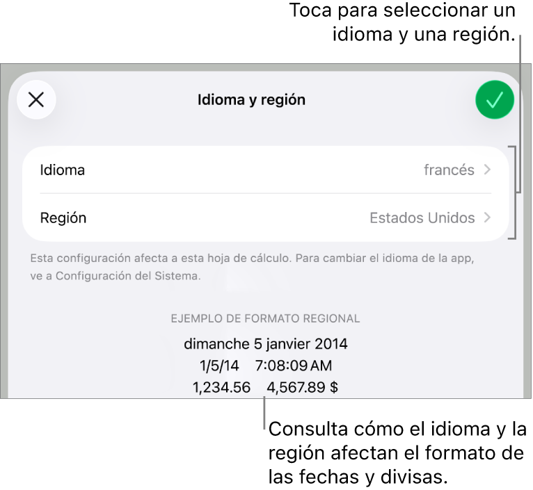 El panel Idioma y región con controles para el idioma y la región, y un ejemplo de formato que incluye una fecha, una hora, y formatos decimales y de moneda.