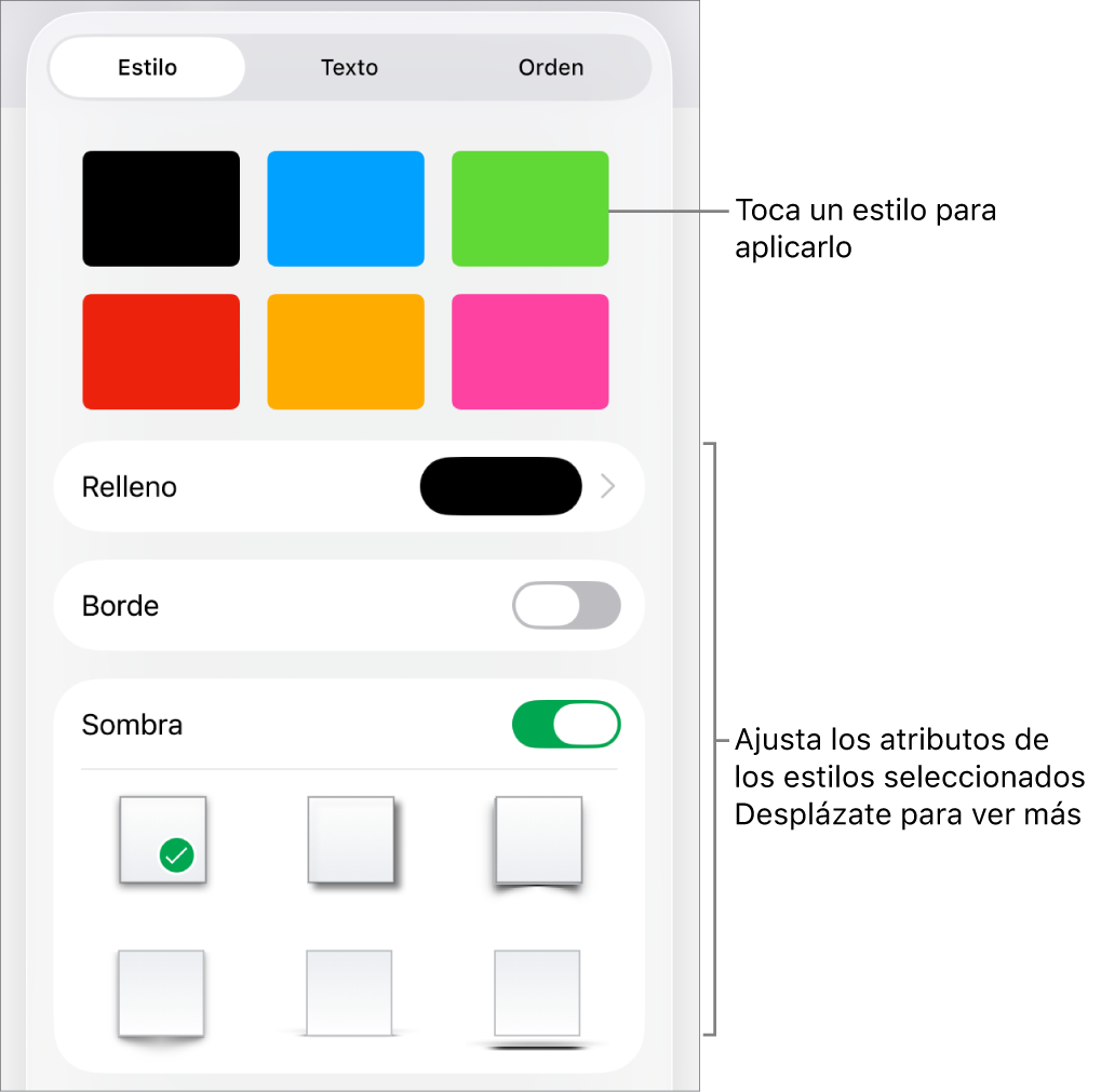 La pestaña Estilo del menú Formato con estilos de figura en la parte superior y controles debajo para cambiar el rellenar, el borde y la opacidad.