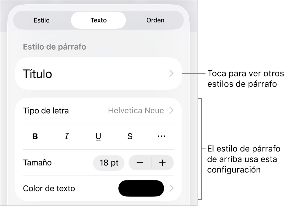 El menú Formato mostrando los controles de texto para configurar los estilos de párrafo y carácter, tipo de letra, tamaño y color.
