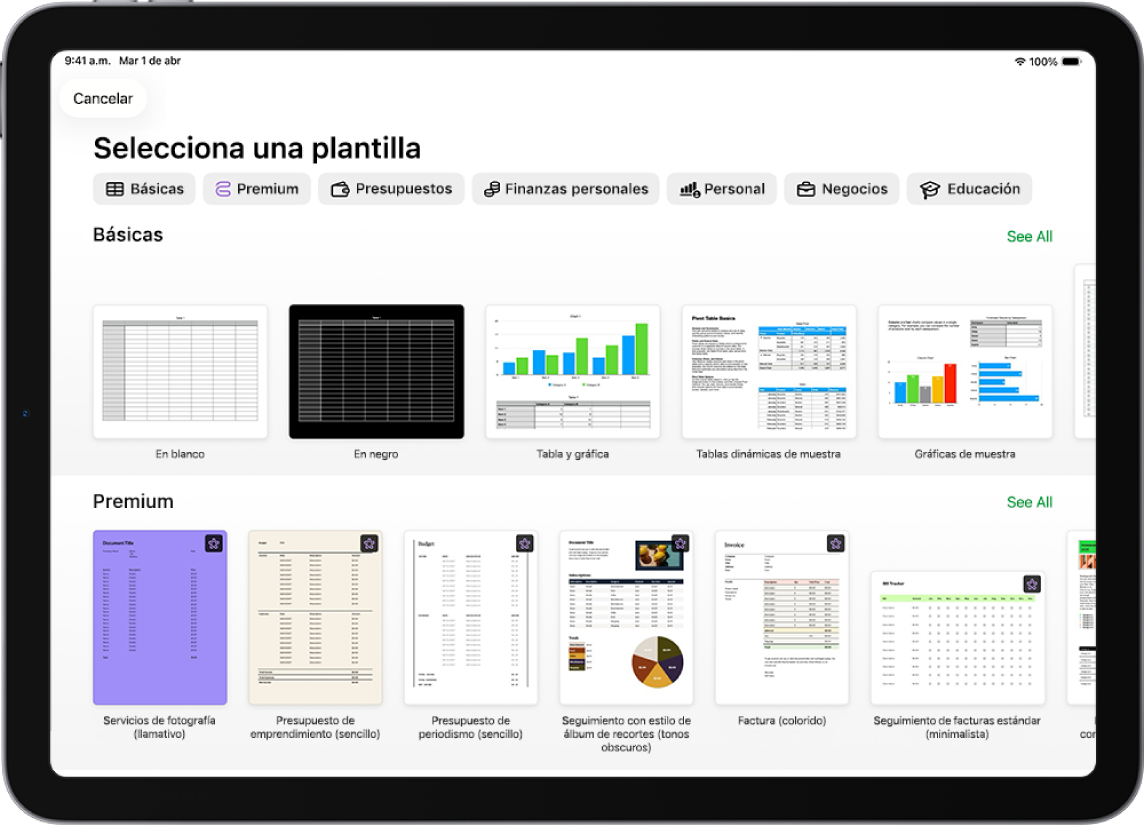 El selector de plantilla muestra una fila de categorías a lo largo de la parte superior en las que puedes tocar para filtrar las opciones. En la parte inferior, organizadas en filas por categoría, aparecen miniaturas de las plantillas prediseñadas, comenzando con la categoría Recientes en la parte superior, seguida por las categorías Básicas y Finanzas personales. En la parte superior derecha de cada fila de categoría aparece un botón Ver todo. El botón Idioma y región se encuentra en la esquina superior derecha.