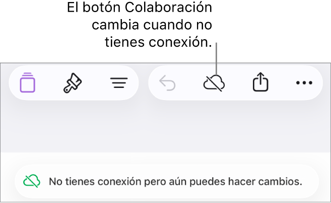 Los botones en la parte superior de la pantalla, donde el botón Colaboración cambió a una nube con una línea diagonal que la atraviesa. Una alerta en la pantalla muestra el mensaje: No tienes conexión pero aún puedes hacer cambios.