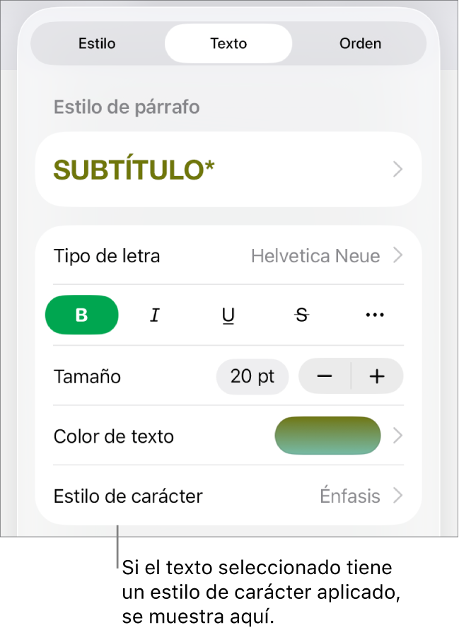 Los controles de formato de texto con Estilo de carácter debajo de los controles de color. El estilo de carácter Ninguno aparece con un asterisco.