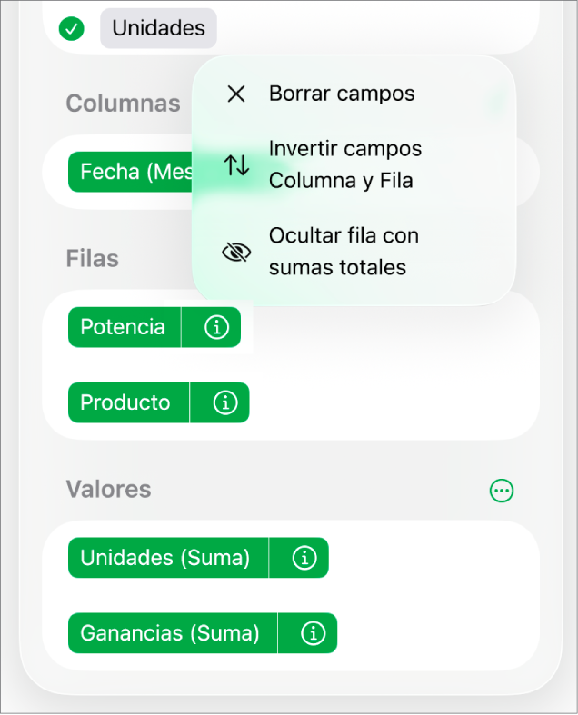 El menú Más opciones de campos, mostrando los controles para ocultar las sumas totales, invertir los campos columna y fila, y borrar los campos.