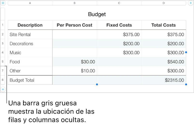Una barra gris gruesa que muestra la ubicación de filas y columnas ocultas
