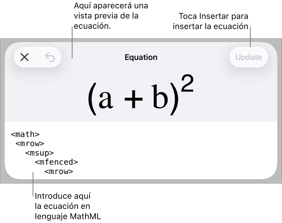 El diálogo Ecuación con una ecuación escrita con comandos de MathML y una previsualización de la fórmula encima.