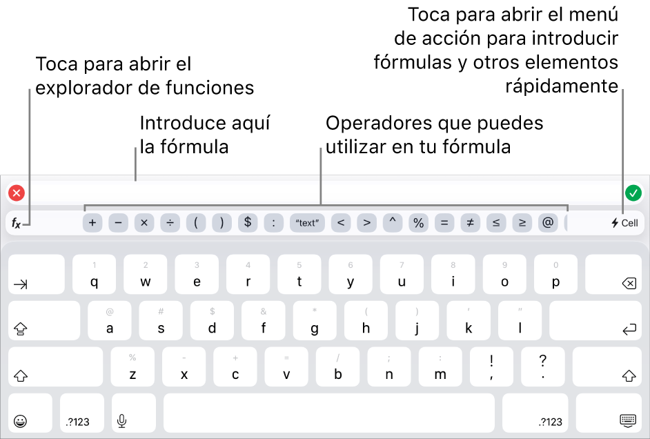 El teclado de fórmulas, con el editor de fórmulas en la parte superior y los operadores que se utilizan en las fórmulas debajo. El botón Funciones para abrir el explorador de funciones se encuentra a la izquierda de los operadores, y el botón de menú Acción se encuentra a la derecha.