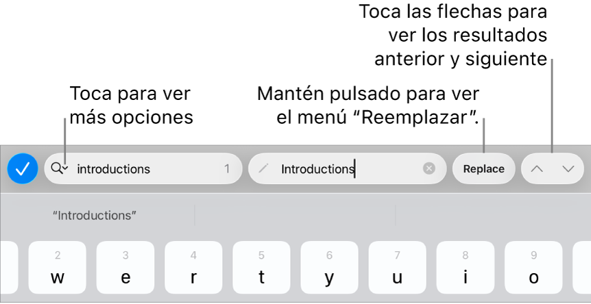 Los controles de “Buscar y reemplazar” en la parte superior del teclado con llamadas a los botones “Opciones de búsqueda”, Reemplazar, Arriba y Abajo.