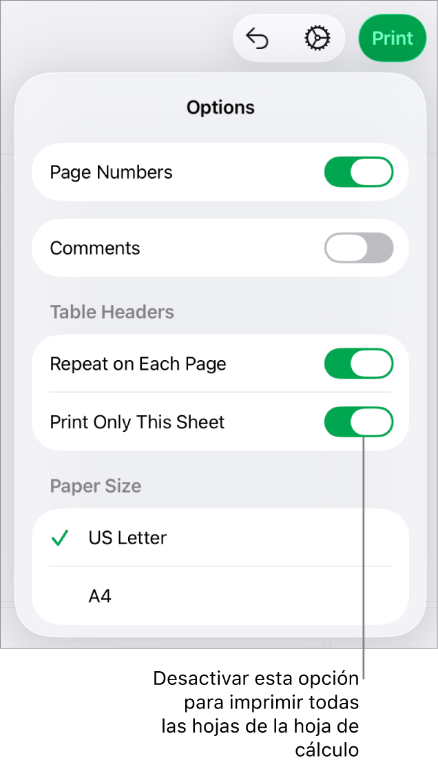 El panel de vista previa de impresión, con controles para mostrar los números de página, repetir las cabeceras en cada página, cambiar el tamaño de papel y optar por imprimir toda la hoja de cálculo o solo la hoja actual.