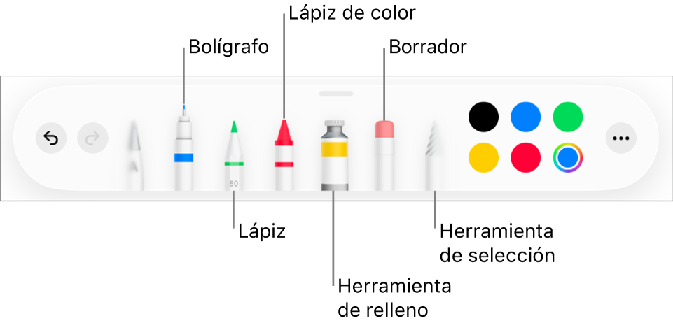 La barra de herramientas de dibujo con un bolígrafo, lápiz, lápiz de color, relleno, borrador, herramienta de selección y paleta de colores, que muestra el color actual. En el extremo derecho se encuentra el botón del menú Más.