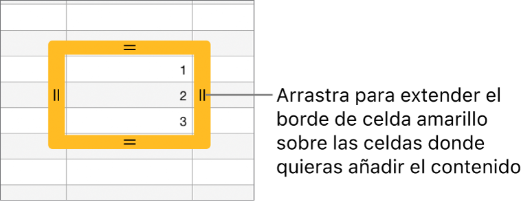 Una celda seleccionada con un borde amarillo grande que puedes arrastrar para que las celdas se autorrellenen.