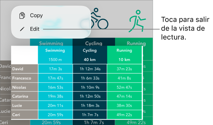 Hay seleccionada una celda de tabla y por encima de ella aparece un menú contextual con botones Copiar y Editar.