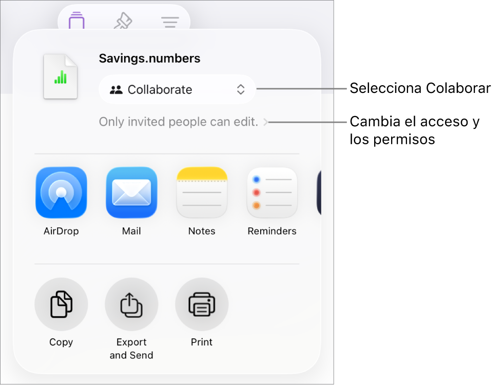 El menú Compartir con la opción Colaborar seleccionada en la parte superior y los ajustes de acceso y permisos debajo.