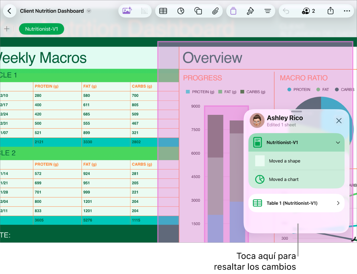 Una hoja de cálculo colaborativa con la lista de actividades abierta.