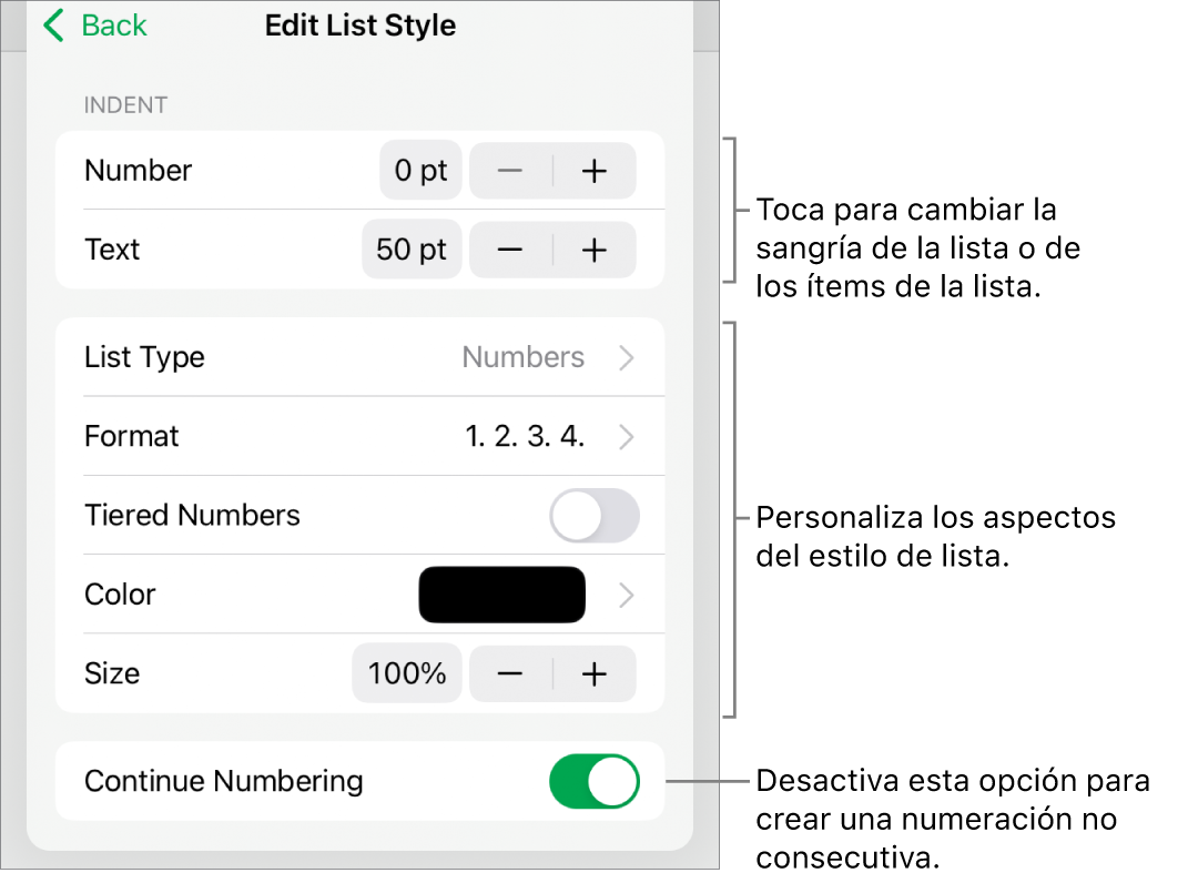 Menú “Estilo de lista” con controles para el interlineado de la sangría, el tipo de lista y el formato, la numeración progresiva, el color de la lista y el tamaño, y la numeración continua.