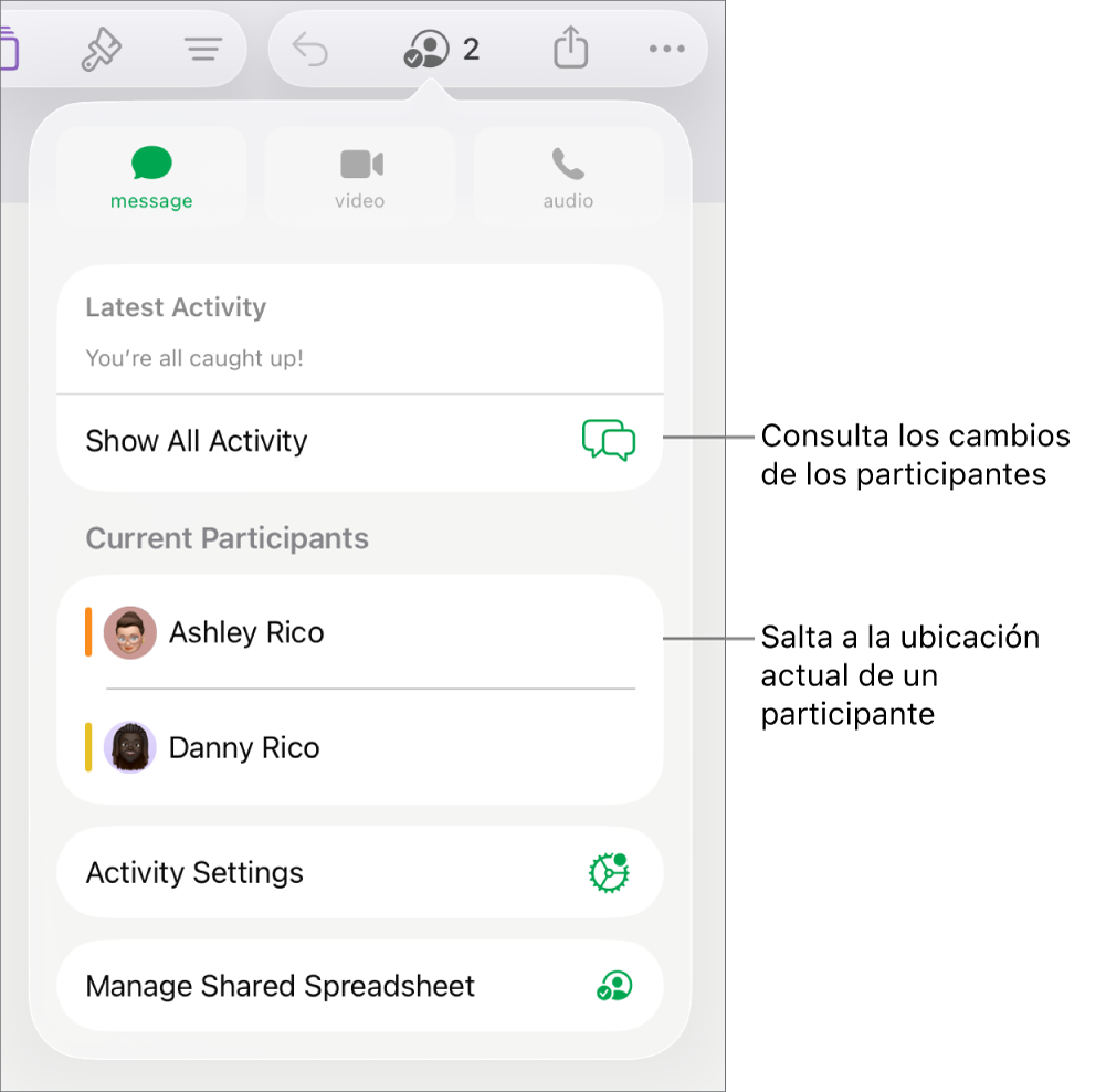 El menú de colaboración con los participantes actuales.