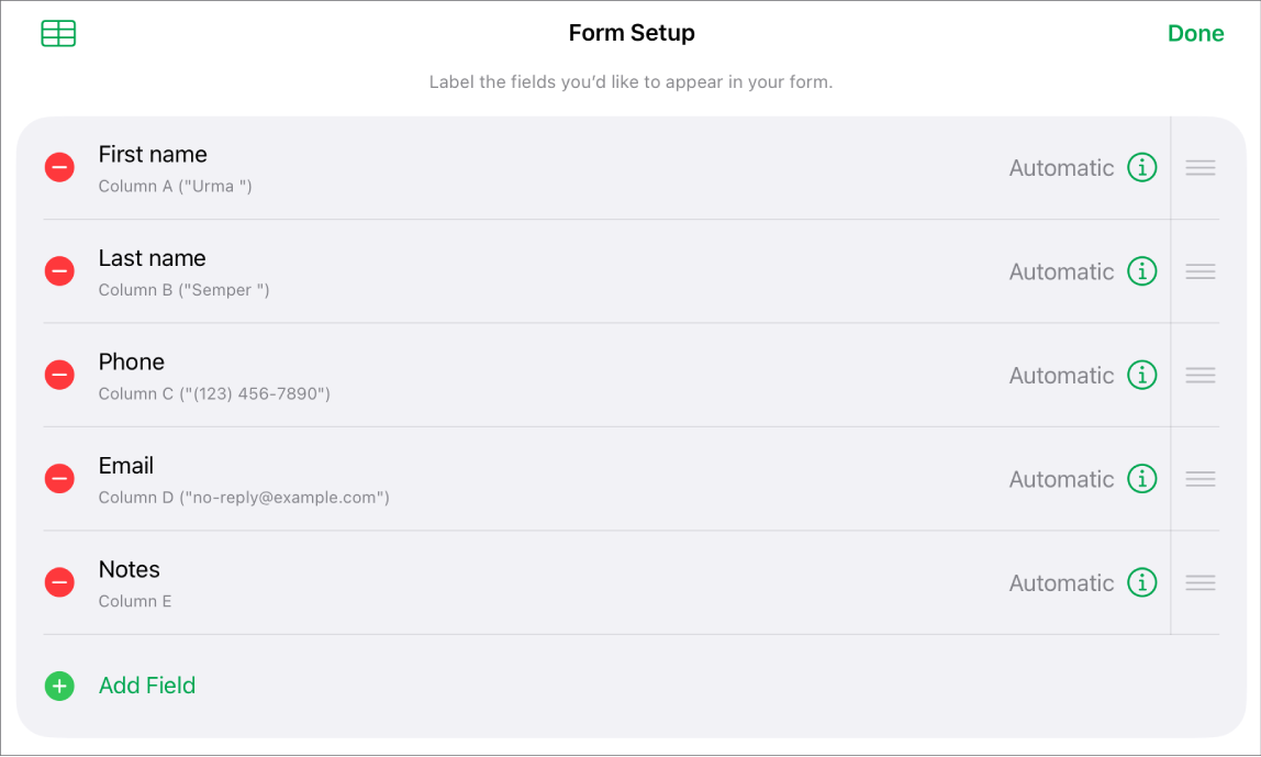 Controles configuración de formulario, con opciones para añadir, editar, reordenar y eliminar campos, así como para cambiar el formato de los campos (como de Texto a Porcentaje).
